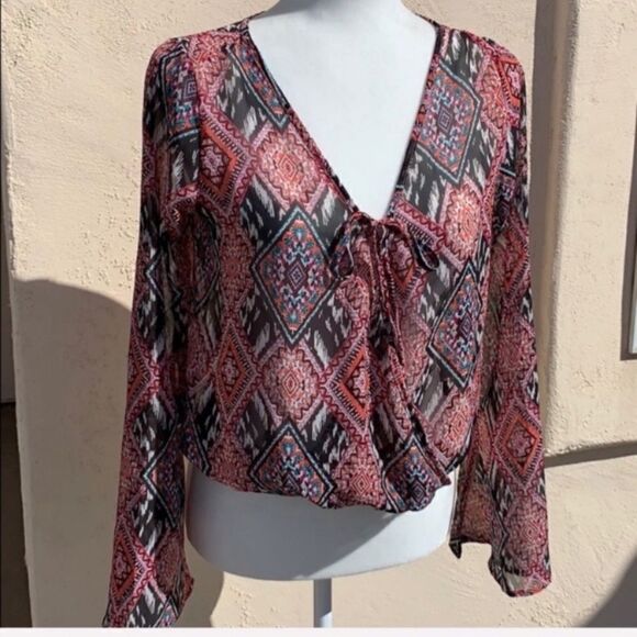 Boho Bell Sleeve Sheer Top S Tribal Crop A43 - Picture 2 of 7